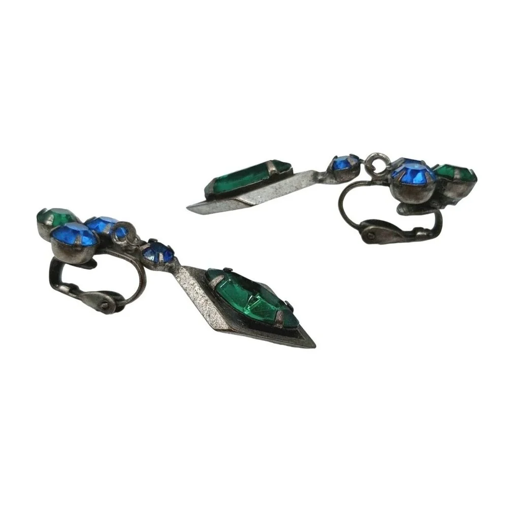 Vintage Rhinestone Dangle Earrings Blue Green Drop Clip-On‎ Jewelry